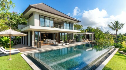 Fototapeta premium Modern Villa with Infinity Pool and Lush Green Surroundings