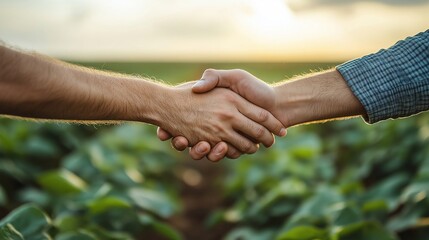 Handshake against the background of a  field, industry, business, agribusiness, harvesting