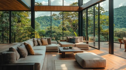 Fototapeta premium Modern Living Room with Floor-to-Ceiling Windows and Natural View