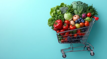 Fresh Produce in Shopping Cart Against Teal Background