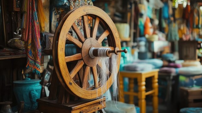 Spinning yarn demonstration artisan workshop crafting process vibrant marketplace close-up view handcrafted textiles