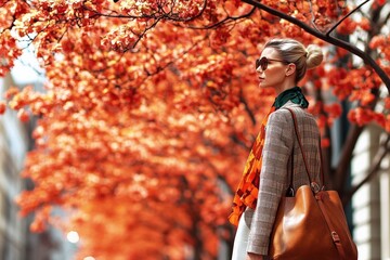 Naklejka premium Stylish woman in autumn fashion walking under vibrant orange trees