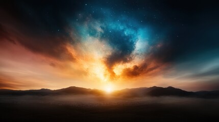 Obraz premium A breathtaking cosmic sunrise illuminating a mountain landscape with vibrant colors, blending the beautiful hues of twilight and dawn in a spectacular display of nature's beauty.