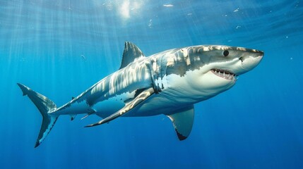 Fototapeta premium Photo of a shark swimming in clear water emphasises the grace and power of the marine predator. Suitable for articles about marine fauna or ecology.