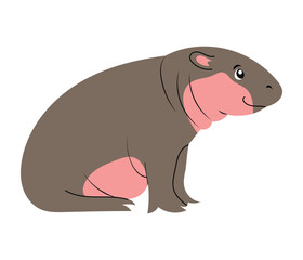 Little baby hippopotamus, side view. Hand drawn isolated vector illustration with cute hippo.