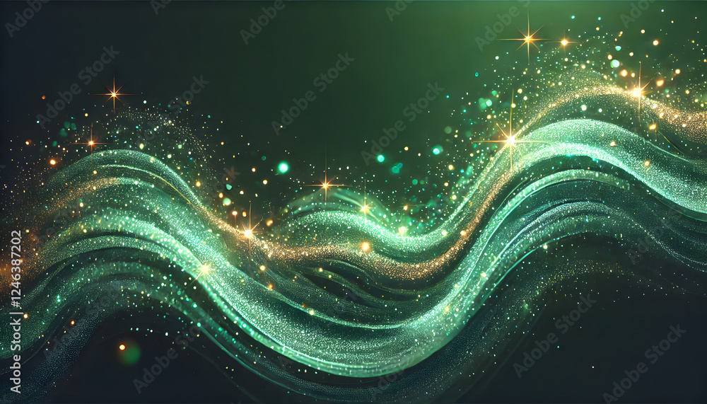 Poster abstract emerald green waves adorned with sparkling accents and shimmering particles, symbolizing en