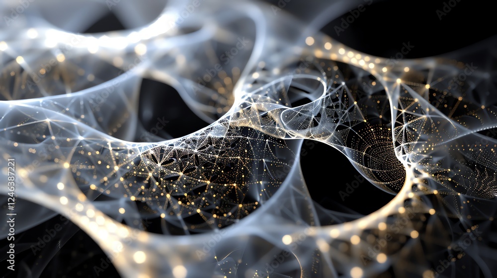 Poster a 3d rendering of a white, translucent web with glowing gold dots.