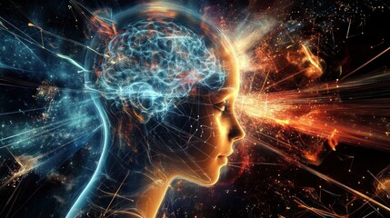 A stylized representation of a human head with a glowing brain, symbolizing thought and creativity.