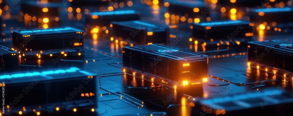 Poster a close-up view of illuminated circuit boards displaying intricate details and glowing components, s