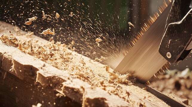 Precision Woodworking Craftsmanship Sawing Detailed Carpentry Professional Woodshop Skill Technique Artisan Manufacturing Woodchips Dynamic Action Detailed Crafting Process Industrial Expertise