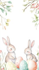 Obraz premium Minimalist Watercolor Easter Theme with Cute Bunnies and Colorful Eggs in Border Design
