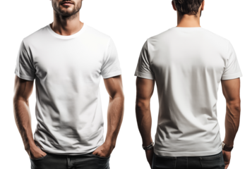 Front and back of man in white t shirt mocup isolated on transparent background. Generative AI