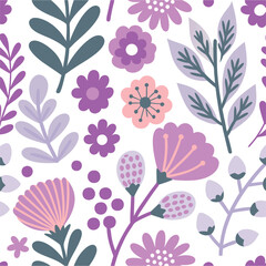 Seamless purple flowers pattern. Abstract botanical flowers on white background. Design for  fabric, banners, fashion  print, Print For Textiles, Wallpaper And Packaging.