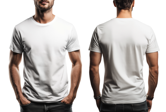 Front and back of man in white t shirt mocup isolated on transparent background. Generative AI