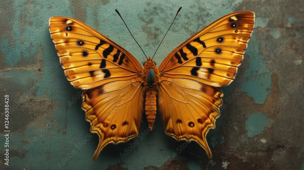 Poster a vibrant orange butterfly displayed on a textured surface, showcasing its intricate patterns.