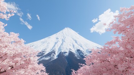Springtime Fuji Mountain view, cherry blossoms framing snowy peak