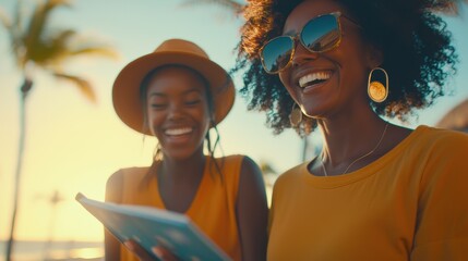 Joyful friends enjoying a sunset beach gathering tropical paradise digital content creation warm atmosphere candid view