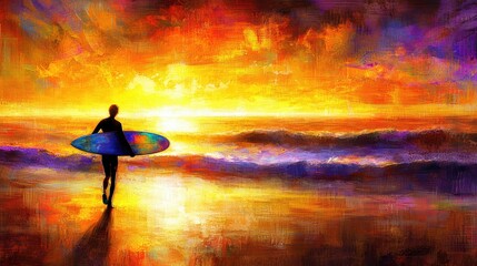 Sunset surfing adventure beach digital art serene environment landscape view freedom concept