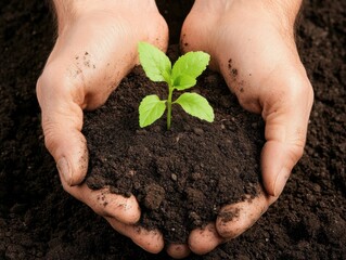 Hands holding a young green plant in rich soil