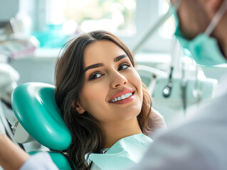 A woman is shown smiling while reclining in a dental chair at a dentist's office. The bright and clean environment, along with the dentist in the background, emphasizes dental health and care 