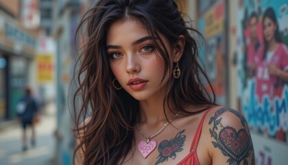 Naklejka premium A contemporary urban portrait featuring unique heart tattoos and modern Valentine's Day fashion
