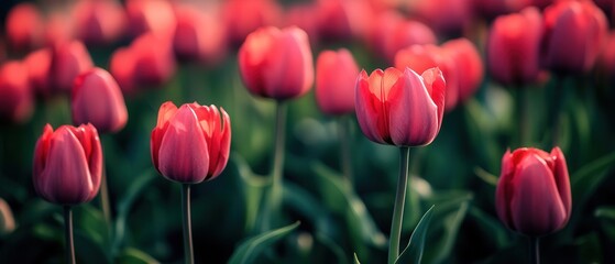 Fototapeta premium A vibrant field filled with numerous red tulips surrounded by lush green leaves, showcasing the beauty of nature in full bloom.