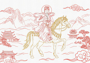Divine Protection: Tudi Gong on a Golden Horse in Chinese Line Art