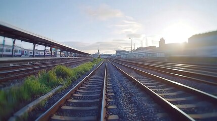 Obraz premium Serene Train Tracks at Sunset with Station Infrastructure Visible