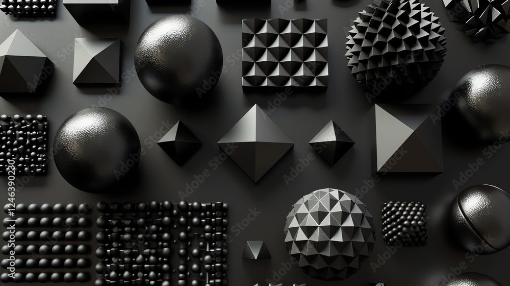 Poster abstract geometric shapes of various sizes and textures.