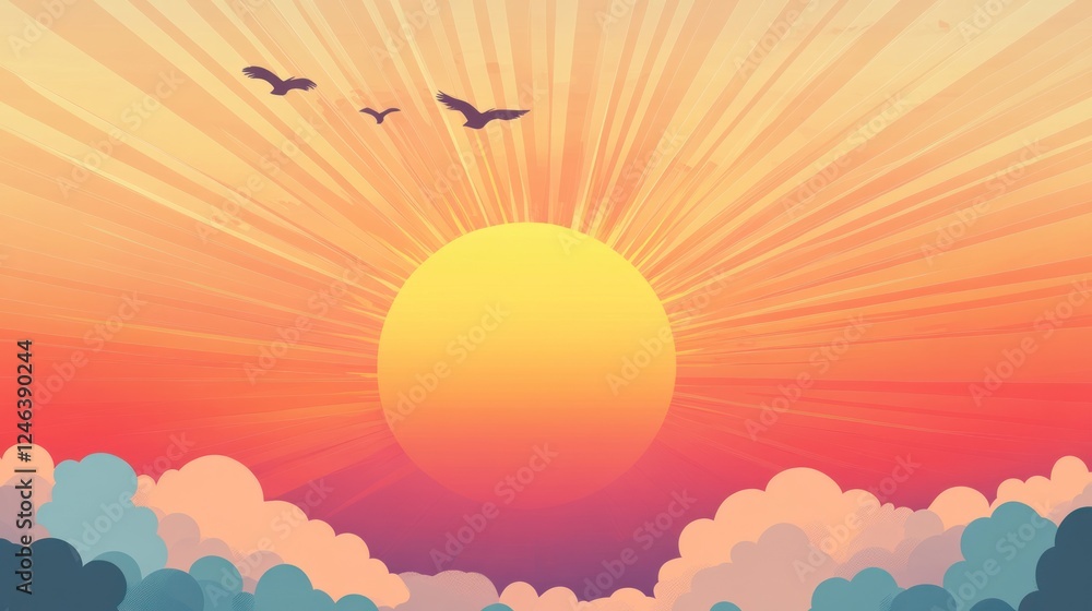 Aufkleber a vibrant sunset with rays shining through colorful clouds and birds flying.