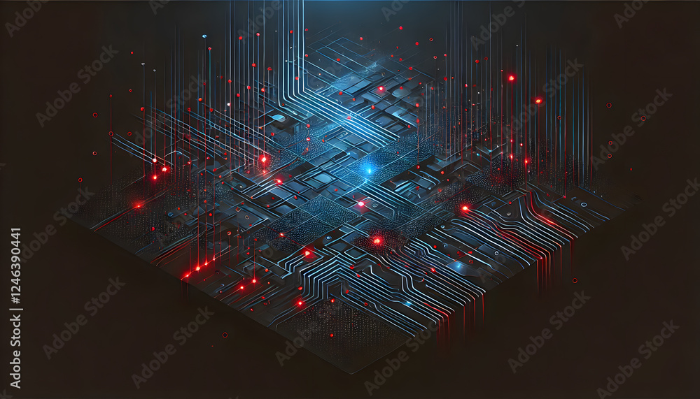 Poster a digital representation of a futuristic circuit board with glowing red and blue lights, showcasing 