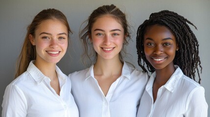 Obraz premium Three young women showcase their friendship and confidence, wearing matching white shirts and radiating positivity. They pose together harmoniously against a gentle grey background