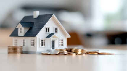 Home purchase, coins, savings, finance, homeownership, interior background