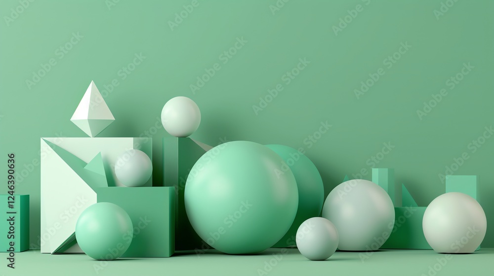 Poster a 3d rendering of geometric shapes in different shades of green.