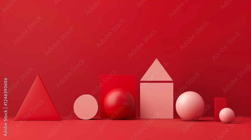 Poster a minimalist 3d rendering of red and pink geometric shapes.