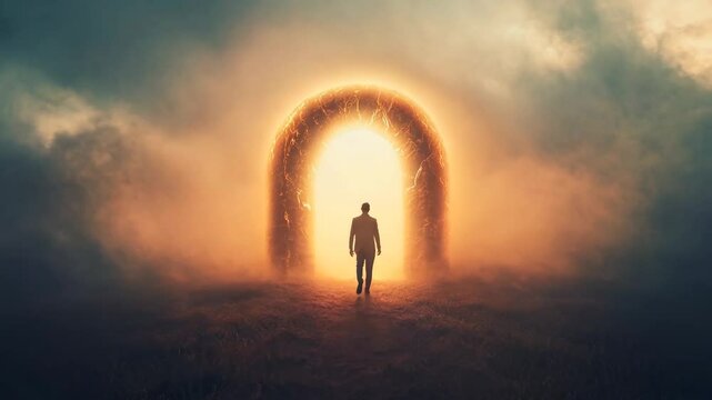 A lone figure approaches a radiant, glowing portal surrounded by mist, creating a surreal and otherworldly atmosphere. This cinematic scene evokes themes of mystery, destiny, and the unknown