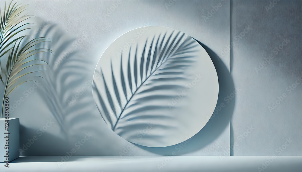 Poster a minimalistic design showcasing a soft shadow of a palm leaf against a light wall, creating an eleg