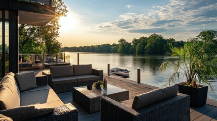 Fototapeta premium Serene Sunset View from Modern Patio by Calm River with Greenery