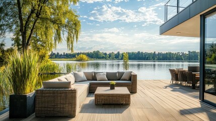 Obraz premium Modern Outdoor Living Space Overlooking Calm Lake and Lush Landscape