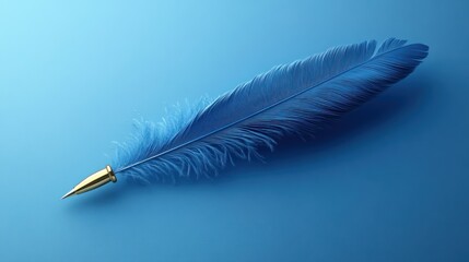 Blue feather quill pen on blue background.