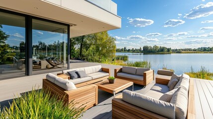 Fototapeta premium Modern Outdoor Living Space Overlooking Serene Lake Landscape
