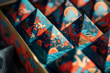 Organic Pyramid-Shaped Tea Bags in a Colorful Packaging Illuminated with Subtle Sun Rays