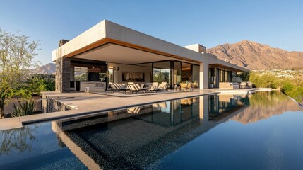 Fototapeta premium Modern Architectural Villa with Scenic Mountain Views and Pool