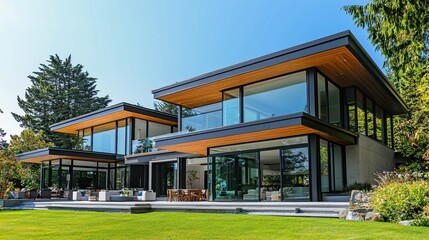 Fototapeta premium Contemporary modern home exterior with large glass windows and greenery