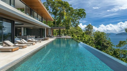 Fototapeta premium Luxurious Modern Villa with Infinity Pool and Scenic Ocean View