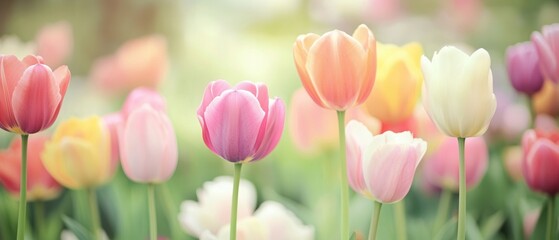 Fototapeta premium A vibrant field filled with various colored tulips showcasing their beauty and diversity in a stunning natural landscape.