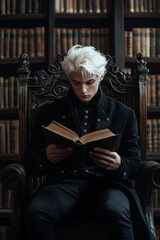 young man with striking platinum blonde white hair sitting on an ornate, dark wooden throne surrounded by defocus ancient bookshelves, dressed in a buttoned black coat, holding an open book  