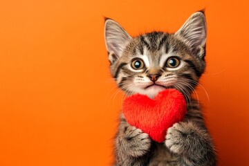 Toyger - my treasured cat. Promotion conceptual art. Cute toyger kitty with fluffy red heart - sign of love, funny greeting card. Red theme cat. Romantic furry photo. Red-themed animal.