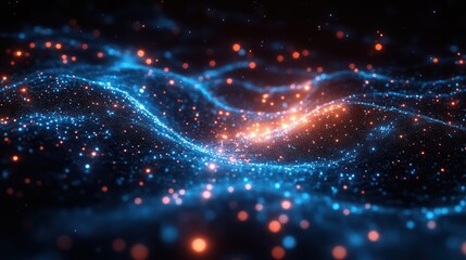 Obraz premium Abstract Blue and Orange Particle Waves: A Digital Universe