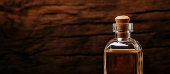 Nutmeg oil used in perfume on wooden background with copy space